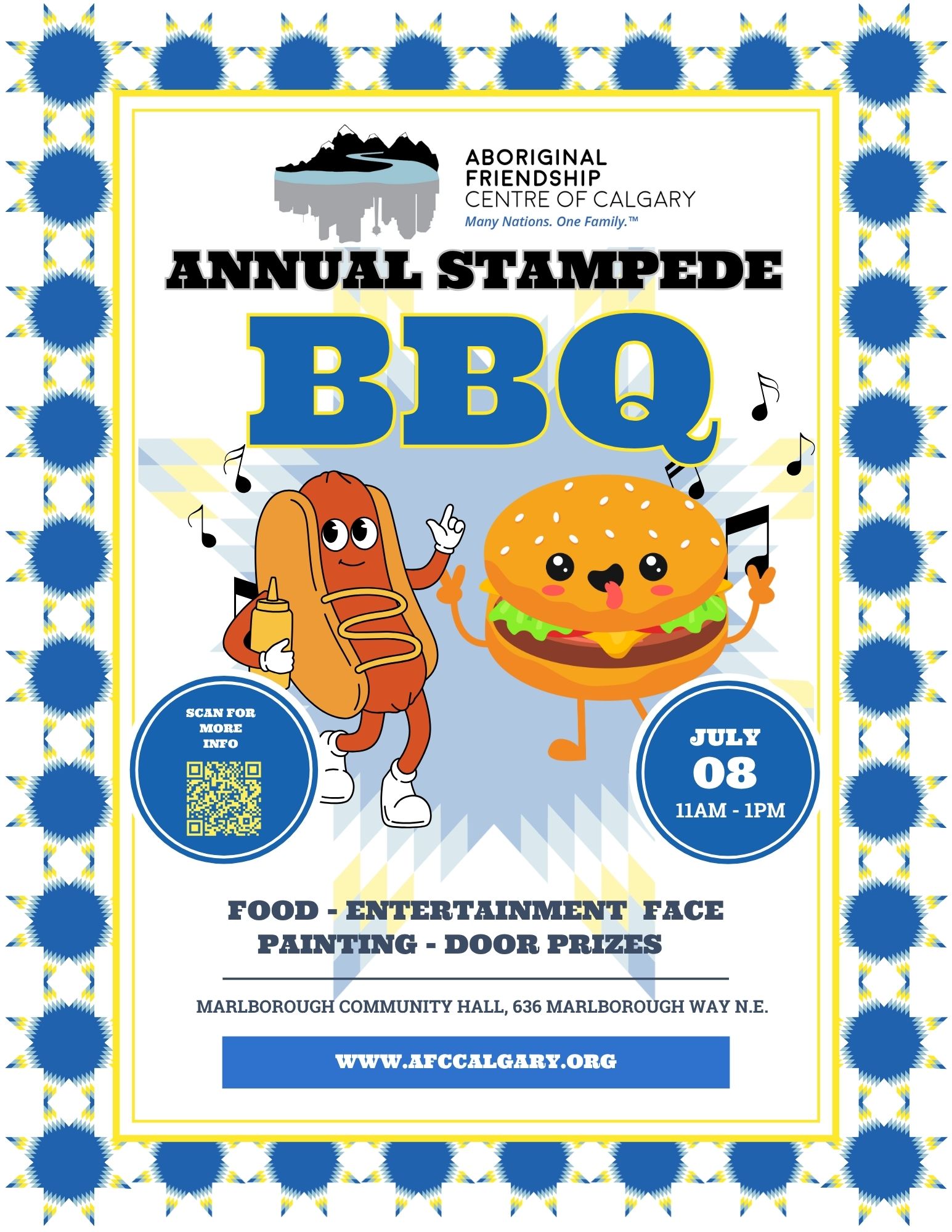 Poster for the Aboriginal Friendship Centre of Calgary's Annual Stampede BBQ. Event is on July 8 from 11 AM to 1 PM at Marlborough Community Hall. It includes food, entertainment, face painting, and door prizes.