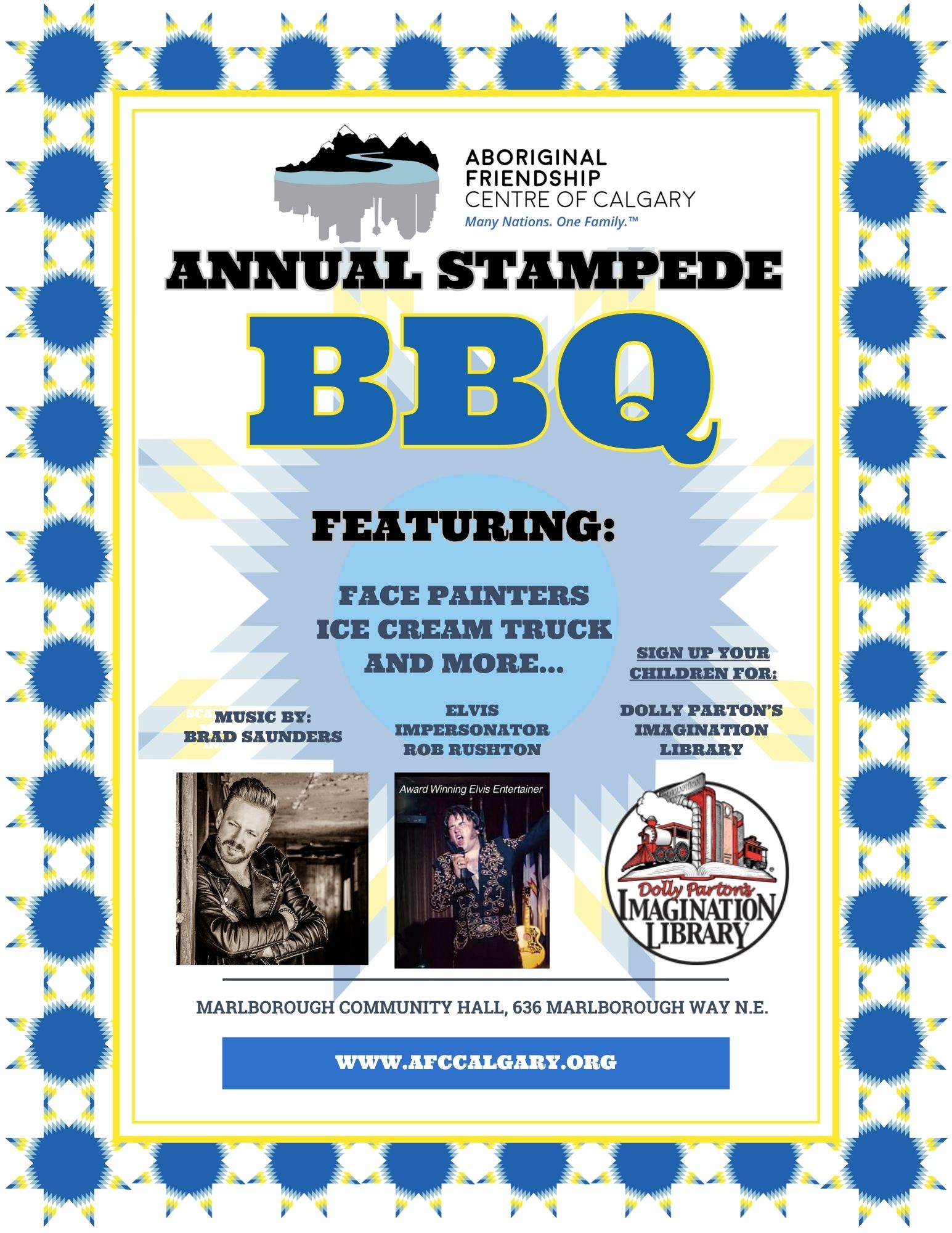 Entertainment lineup poster for the AFCC Annual Stampede BBQ. It features photos of musical guests Brad Saunders and Elvis impersonator Rob Rushton. Also lists face painting and sign-ups for Dolly Parton's Imagination Library.