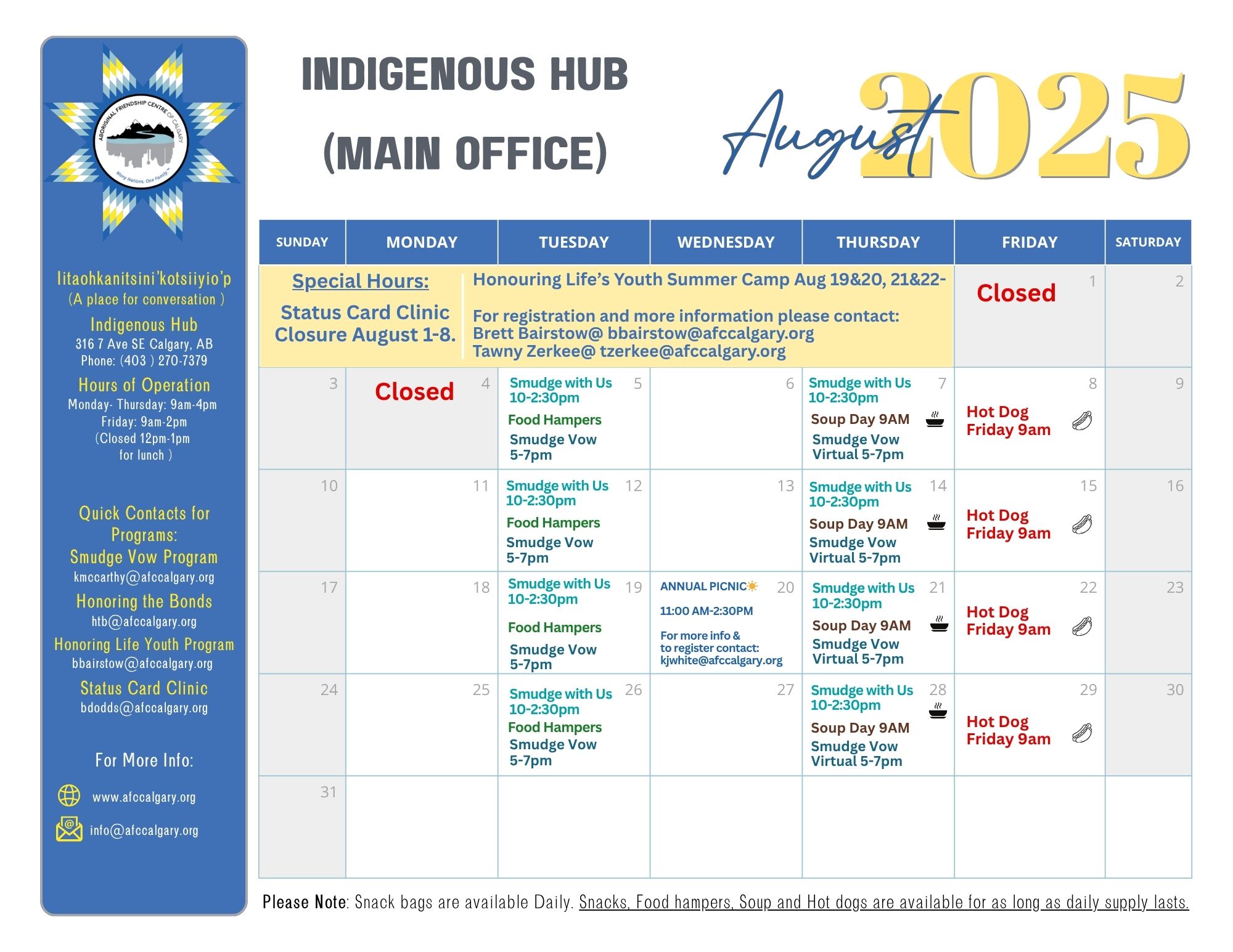 AFCC Indigenous Hub Main Office August 2025 calendar with program times and special closures.
