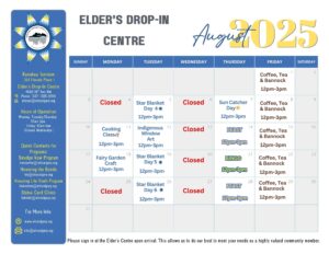Elder's Drop-In Centre August 2025 calendar showing daily programs and events.