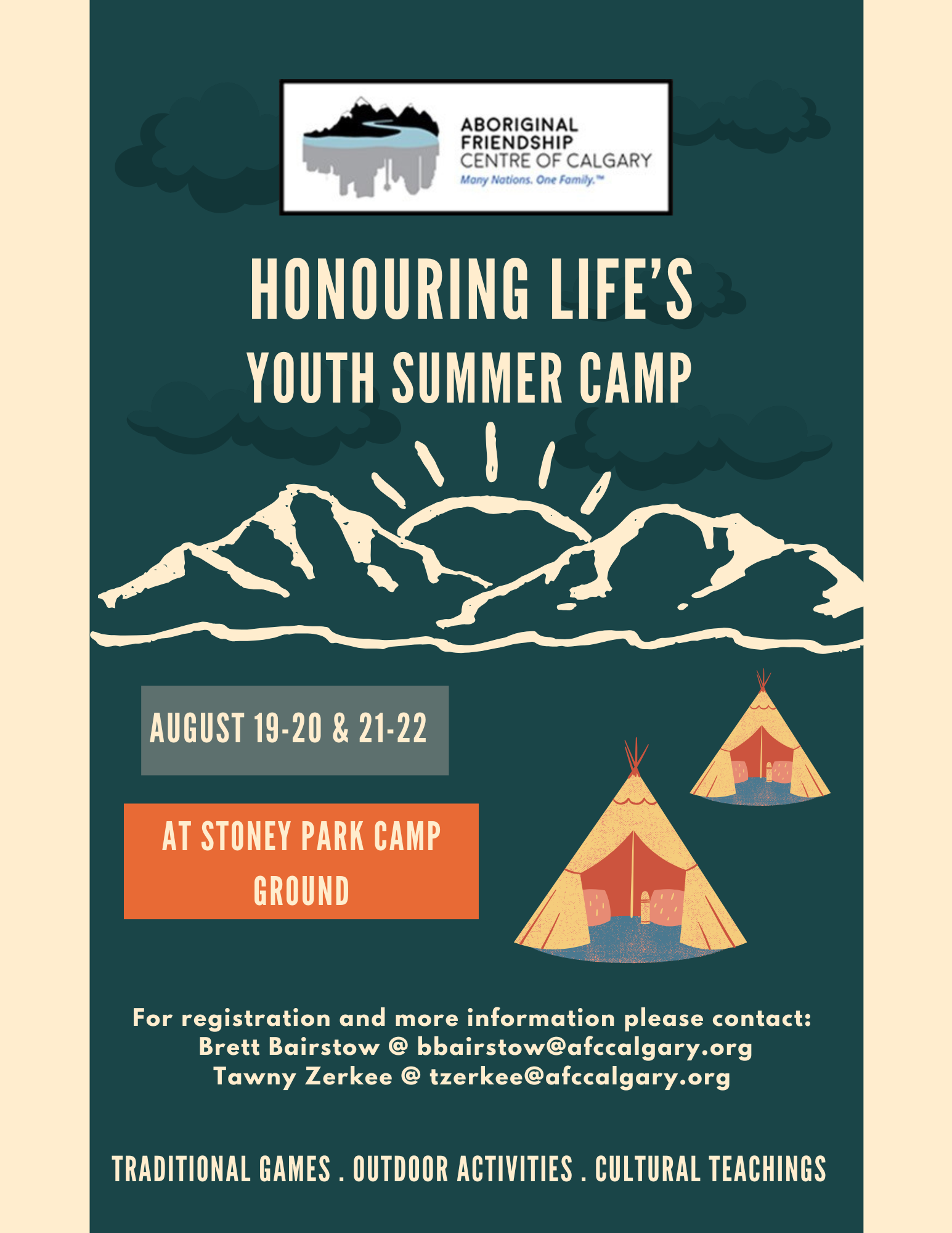 Honouring Life's Youth Summer Camp poster showing mountains, sun, and tipis, with dates August 19-22.