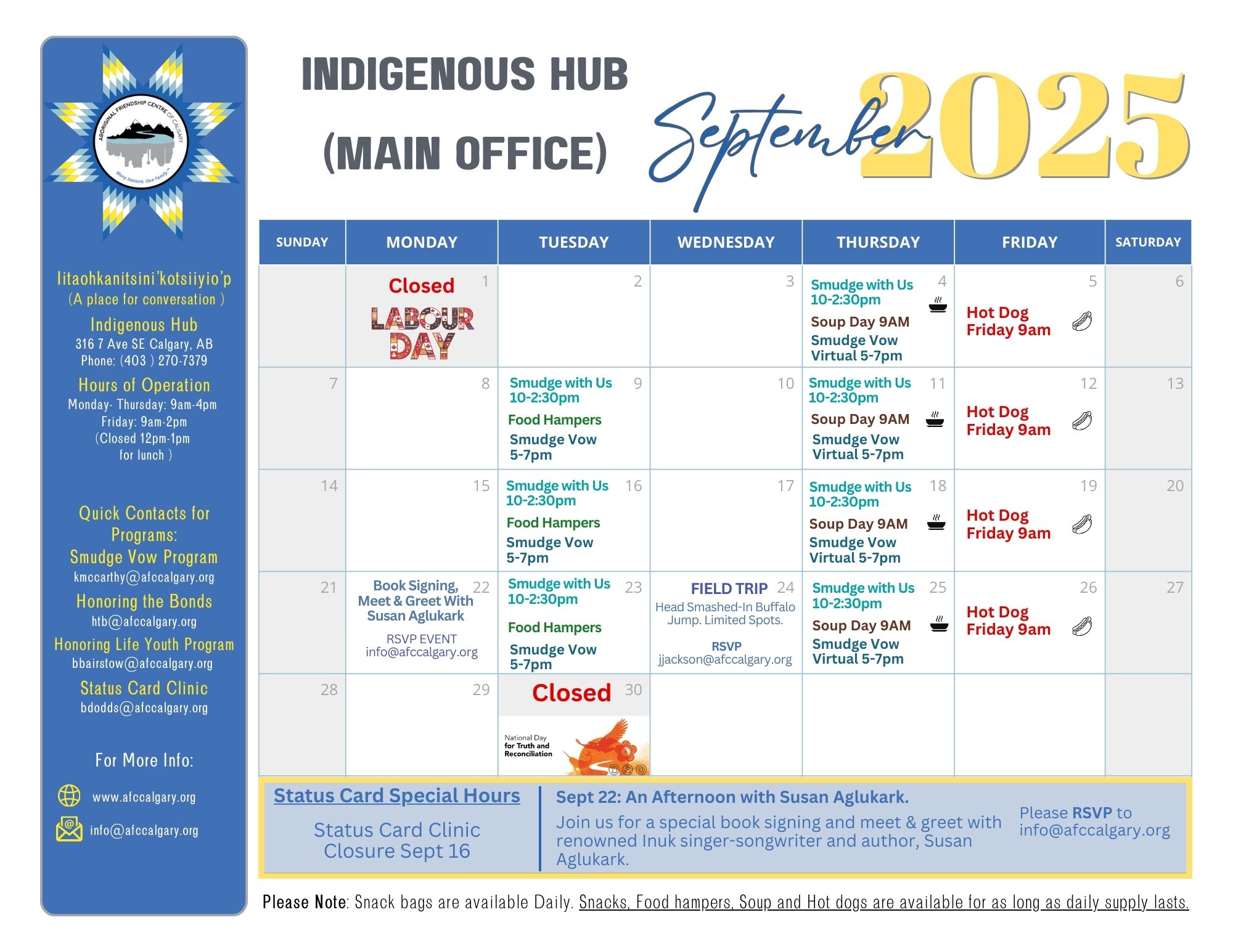 AFCC Indigenous Hub Main Office September 2025 calendar showing weekly programs, special events, and closures.