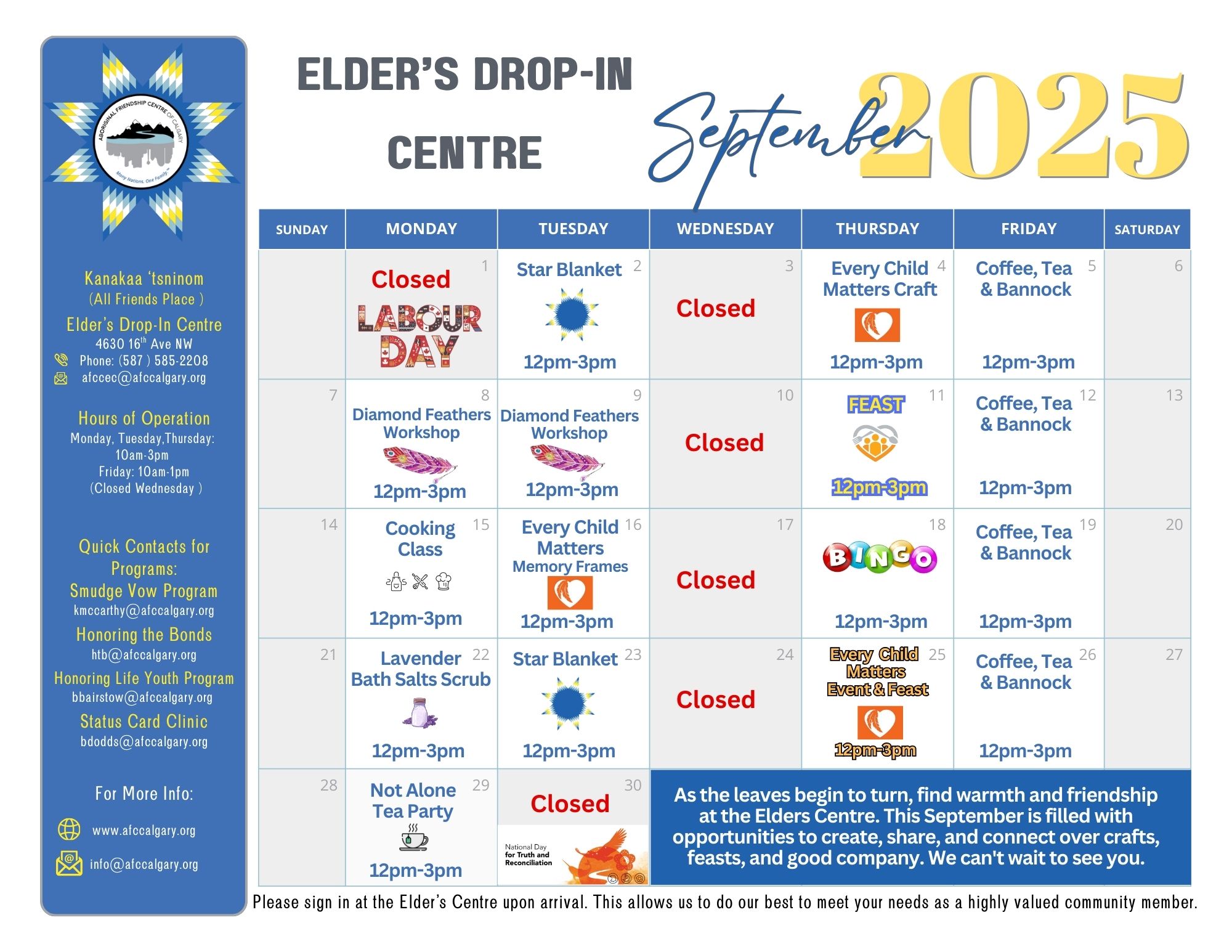 Elders' Drop-In Centre September 2025 calendar showing weekly programs, events, and important closures.