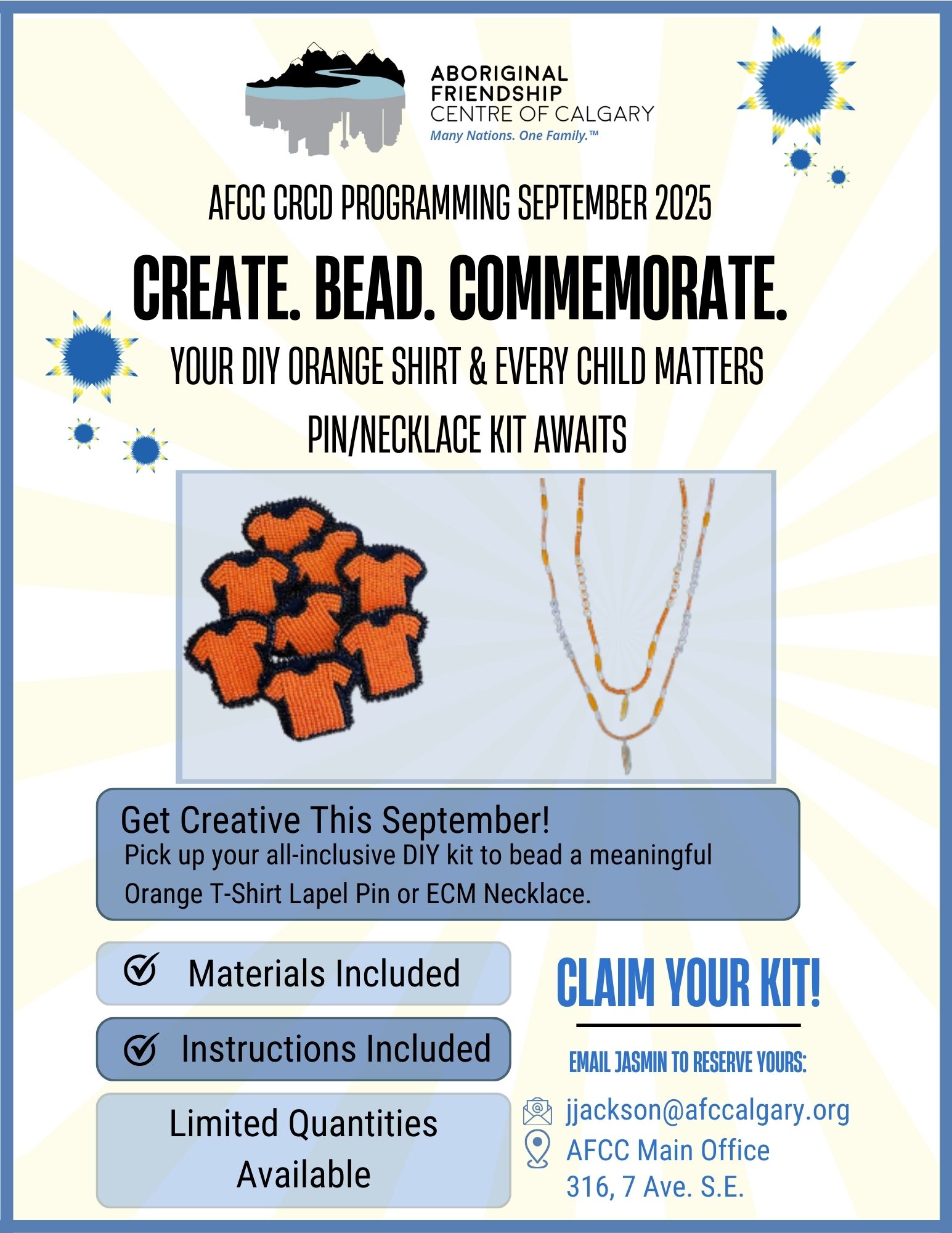 A poster for the AFCC's DIY Orange Shirt and Every Child Matters beading kit. It shows examples of the pin and necklace that can be made.