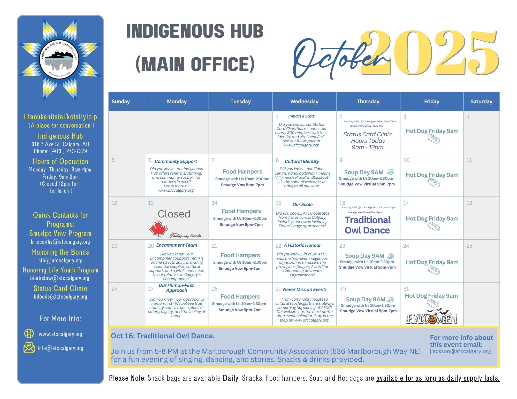 AFCC Indigenous Hub Main Office October 2025 calendar with weekly programs and facts about the organization's impact.