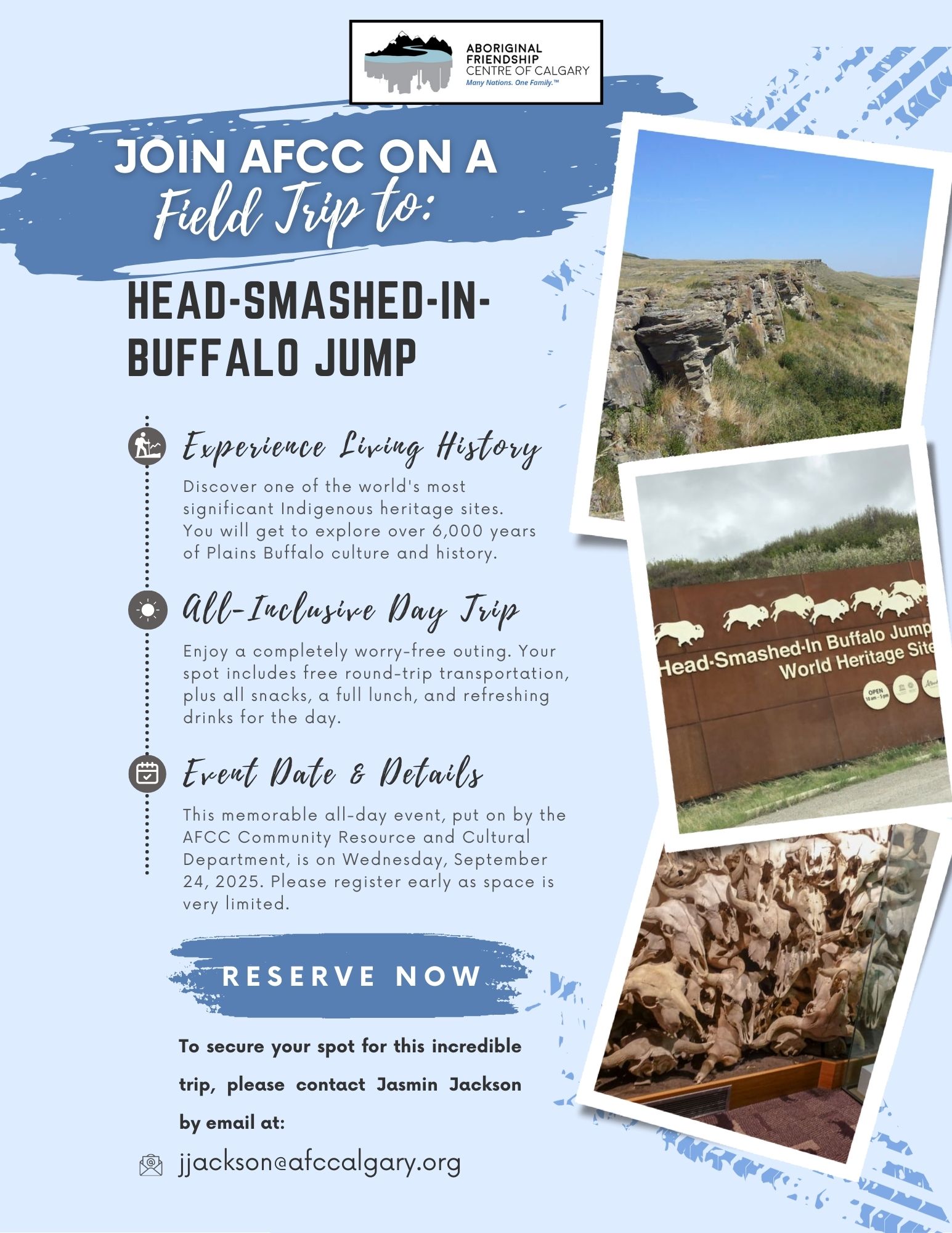 Poster for the AFCC field trip to Head-Smashed-In Buffalo Jump, with the date and contact information.