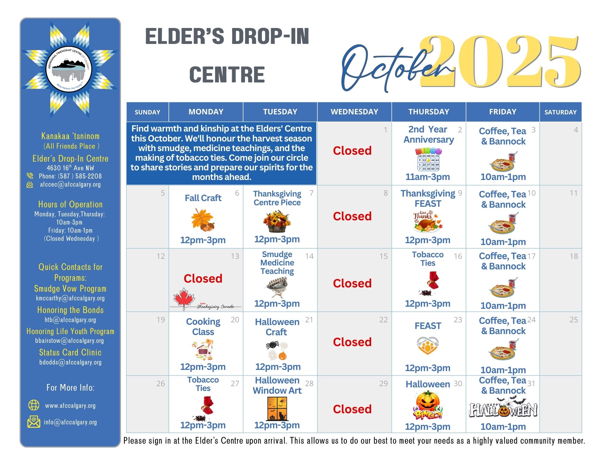 Elders' Drop-In Centre October 2025 calendar showing weekly programs, events, and important closures.