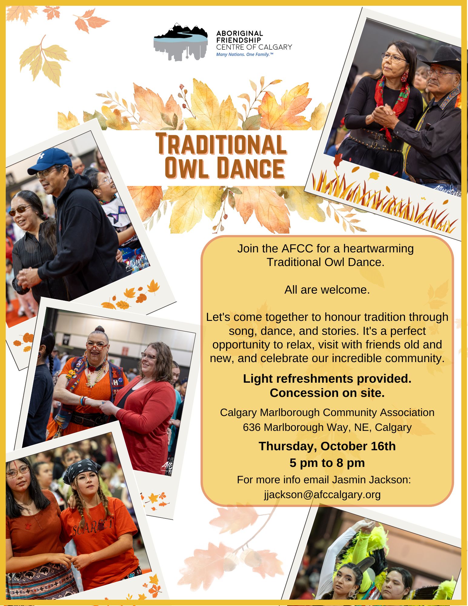 Poster for the Traditional Owl Dance event in Calgary with the date and location.