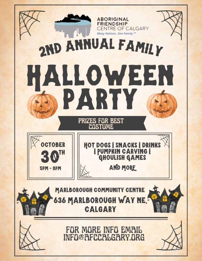 A flyer for the AFCC Family Halloween Party showing a variety of games, costume contests, and spooky snacks.