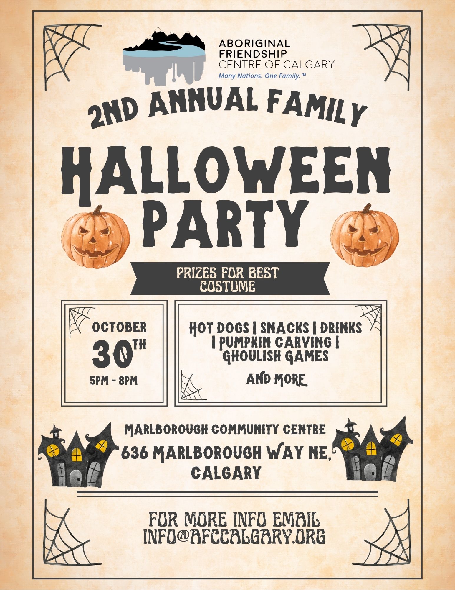 A flyer for the AFCC Family Halloween Party showing a variety of games, costume contests, and spooky snacks.