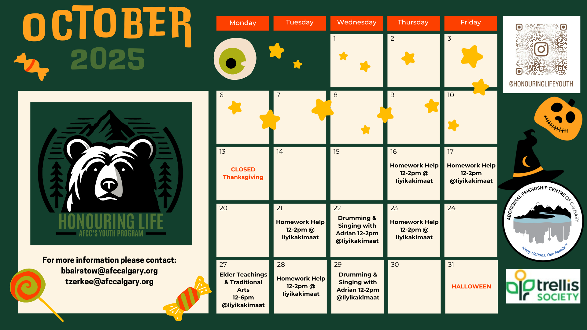 AFCC Honouring Life Youth Program calendar for October 2025 showing programs like Homework Help and Elder Teachings.