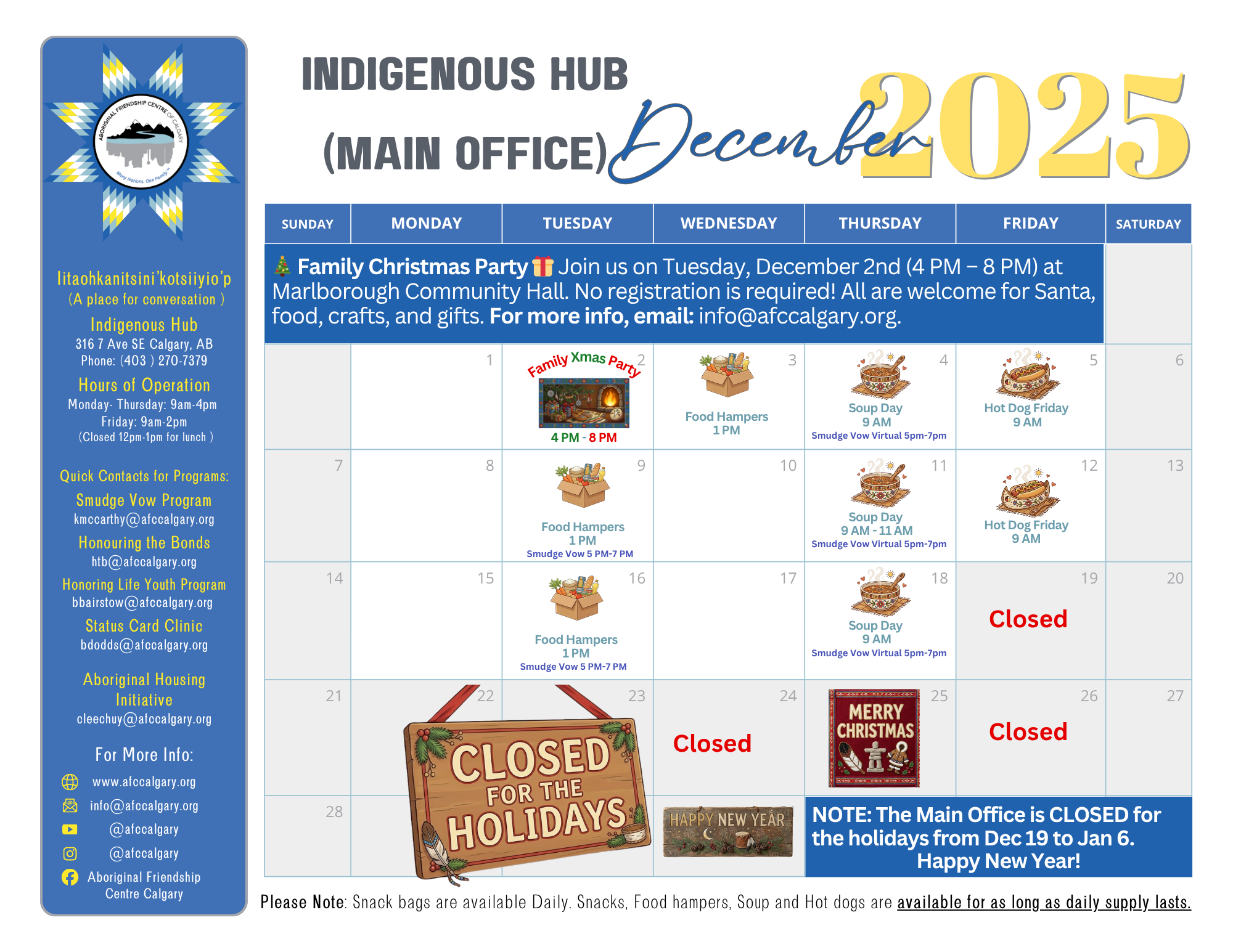 AFCC Indigenous Hub Main Office December 2025 calendar highlighting the Family Christmas Party and the holiday closure from Dec 19 to Jan 6.