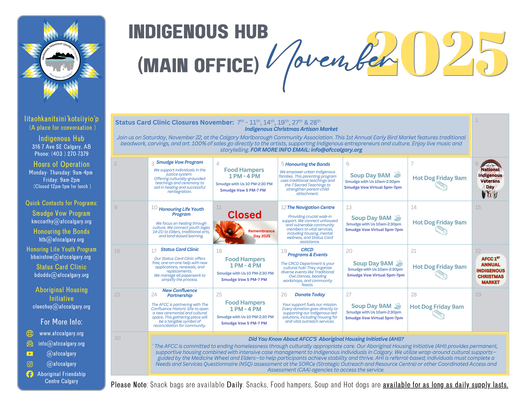 AFCC Indigenous Hub Main Office November 2025 calendar with weekly program times, the Indigenous Christmas Market, and service blurbs.