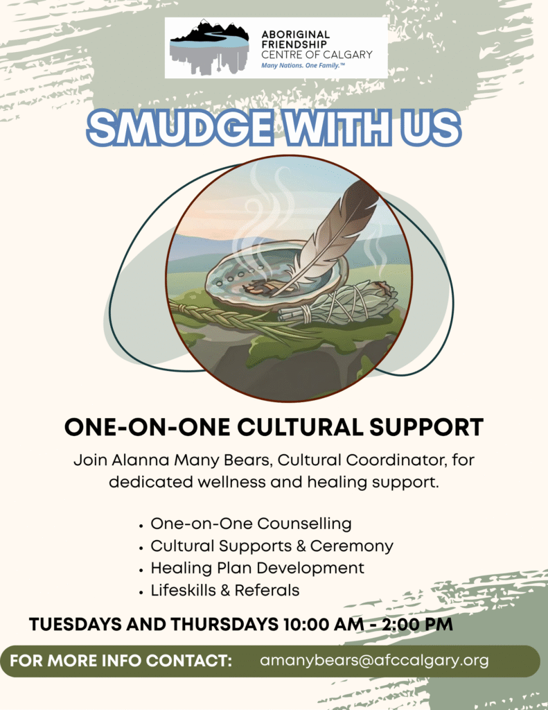 Poster for the "Smudge With Us" program offering one-on-one cultural support with Alanna Many Bears, featuring an abalone shell with sweetgrass, sage and a feather.
