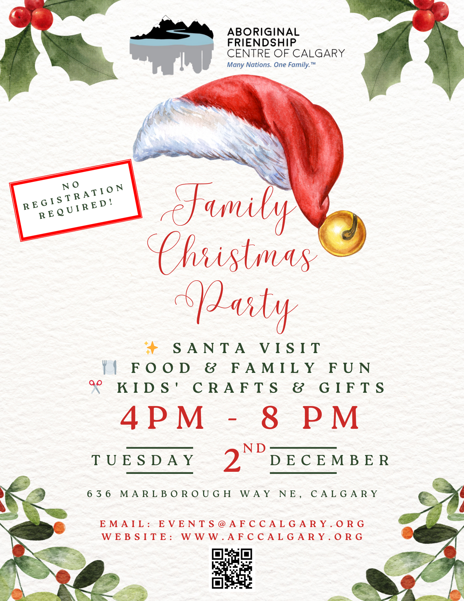 Flyer for the AFCC Family Christmas Party on Tuesday, December 2nd, from 4 PM to 8 PM, featuring Santa, crafts, and food.