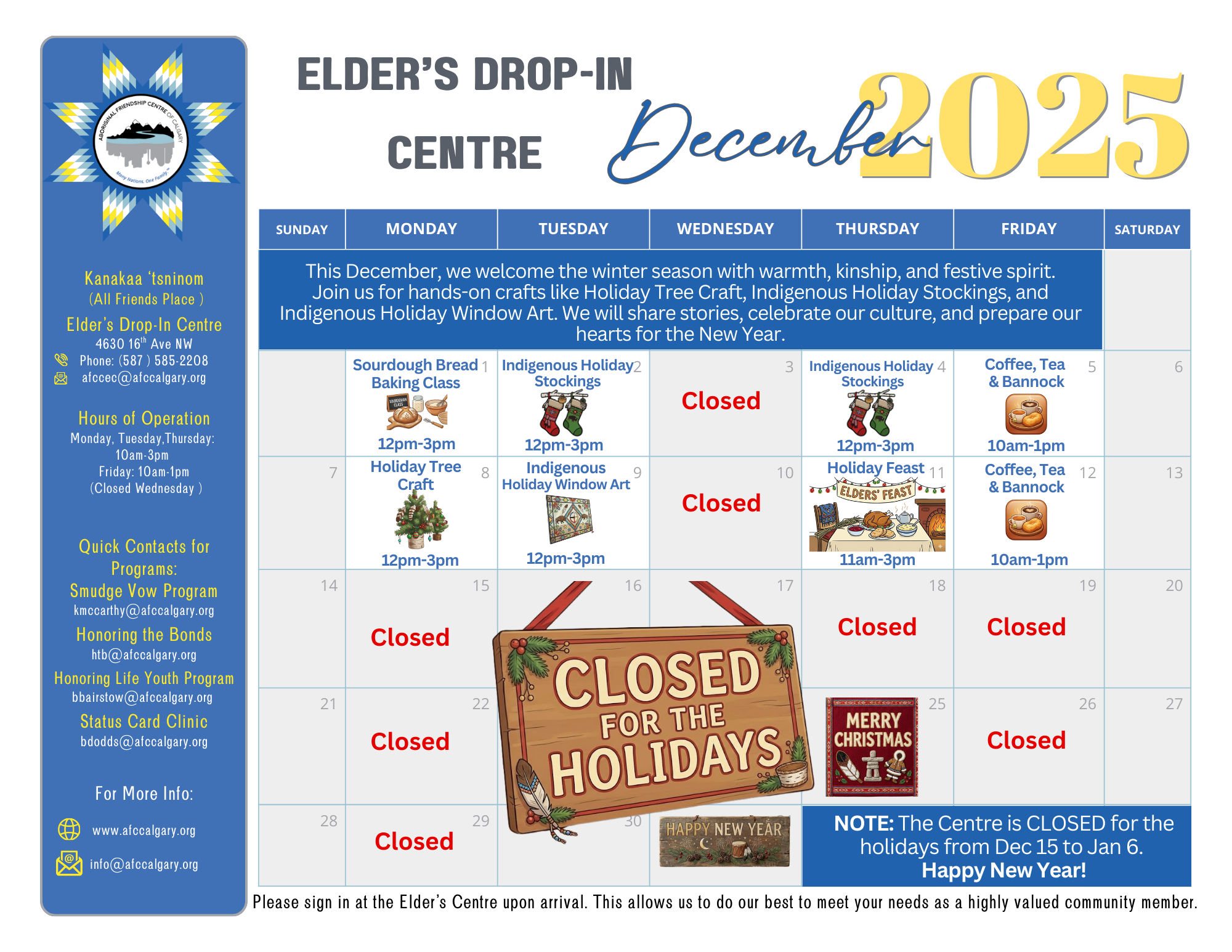 AFCC Elders' Drop-In Centre December 2025 calendar highlighting holiday crafts, the Holiday Feast, and the holiday closure from Dec 15 to Jan 6.