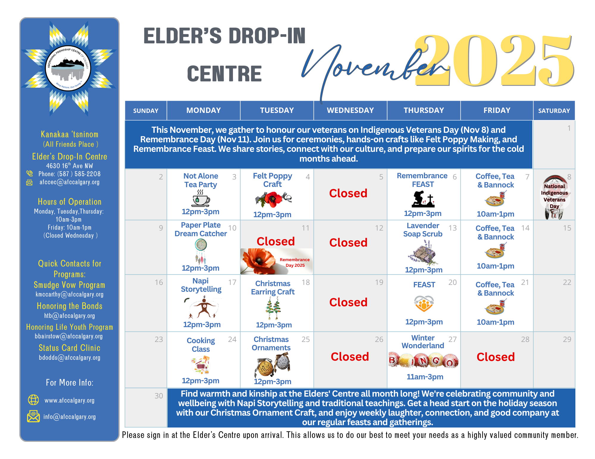 AFCC Elders' Drop-In Centre November 2025 calendar with Remembrance Day, Feasts, and craft programs.