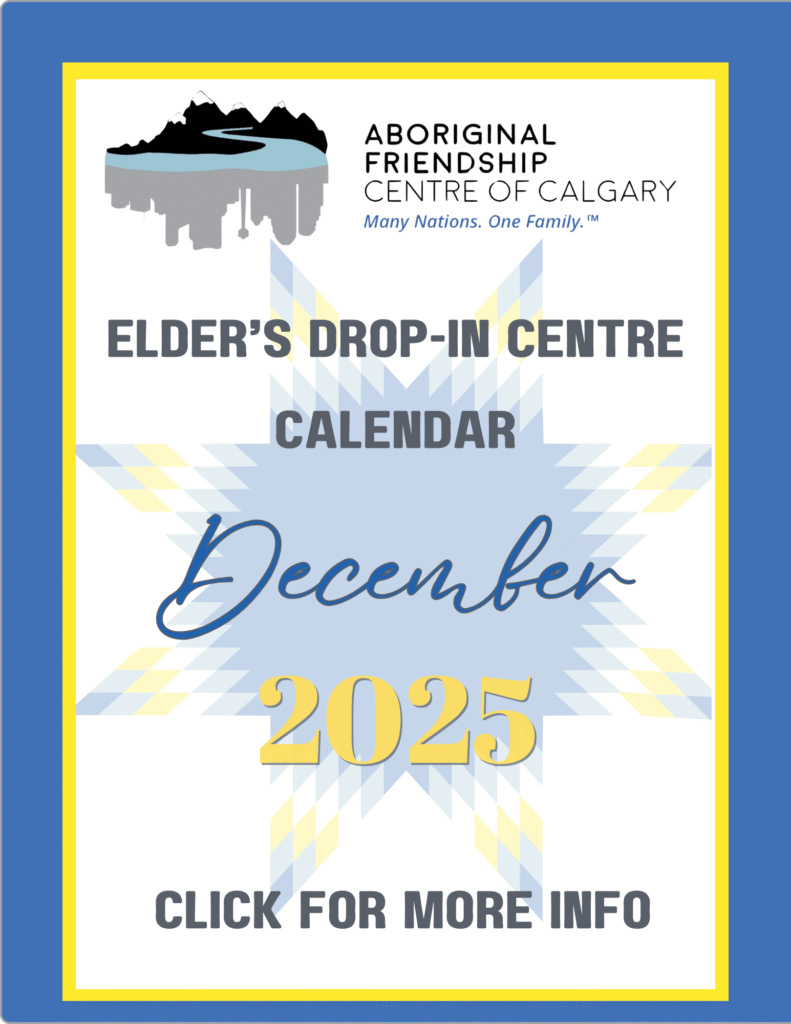 AFCC Elders' Drop-In Centre December 2025 calendar highlighting holiday crafts, the Holiday Feast, and the holiday closure from Dec 15 to Jan 6.
