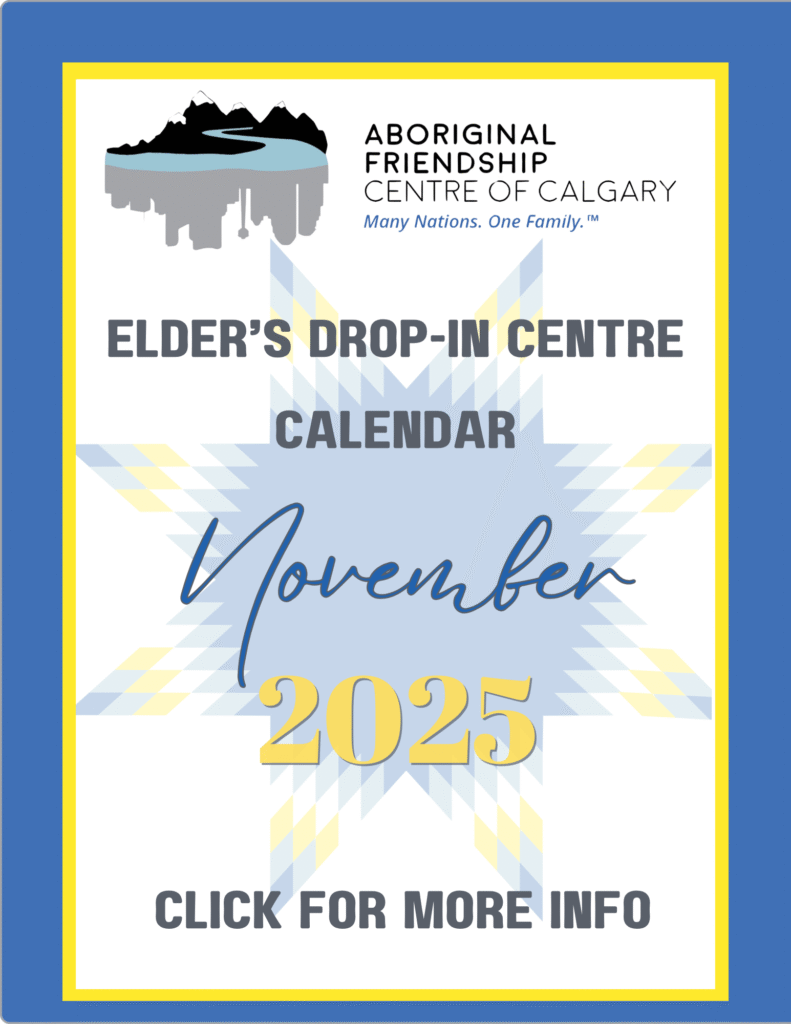 AFCC Elders' Drop-In Centre November 2025 calendar with Remembrance Day, Feasts, and craft programs.