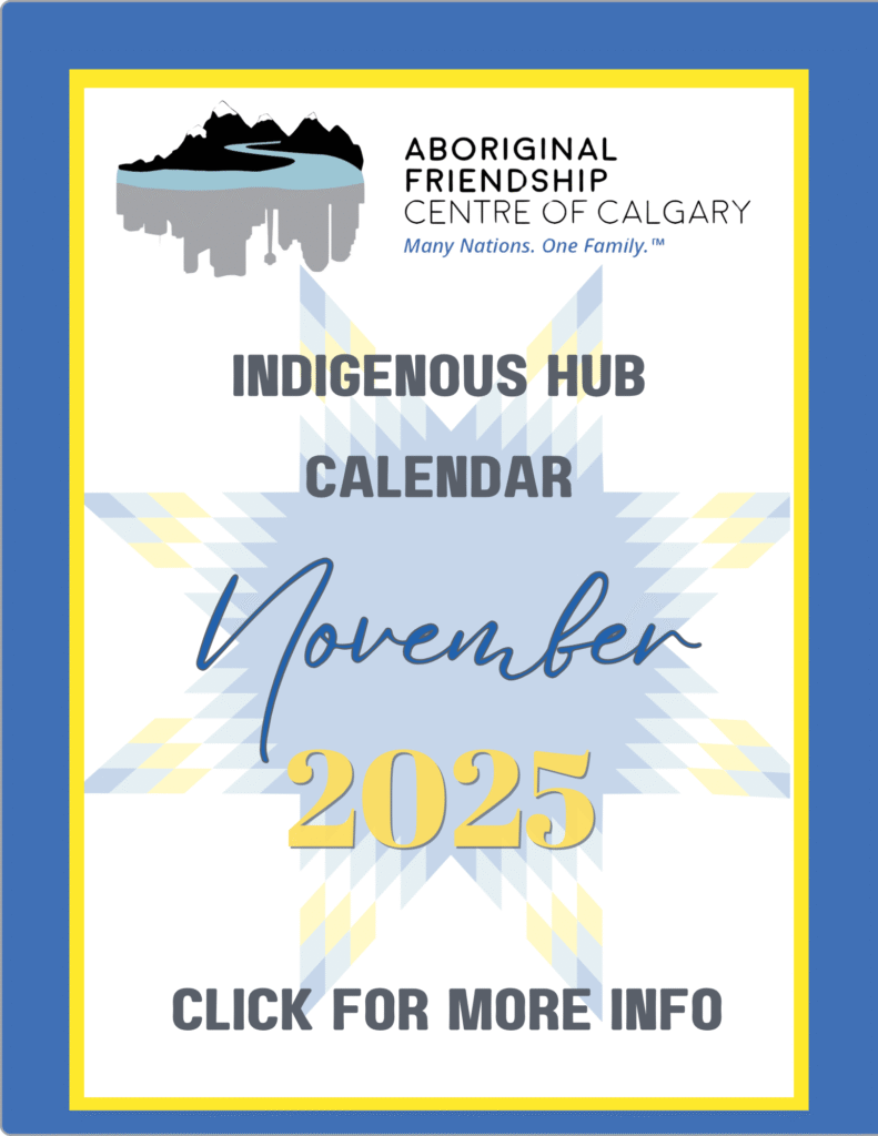AFCC Indigenous Hub Main Office November 2025 calendar with weekly program times, the Indigenous Christmas Market, and service blurbs.