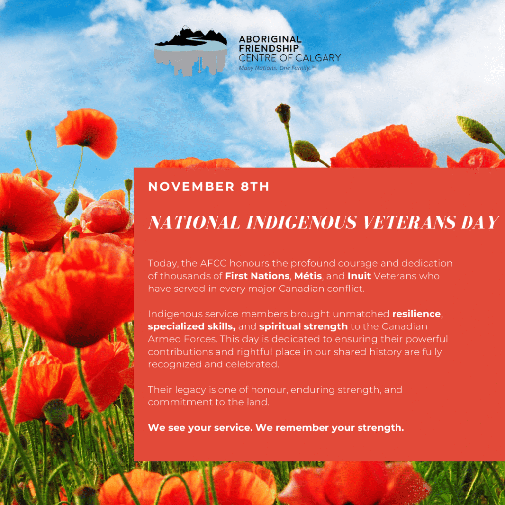 A visual graphic for National Indigenous Veterans Day (November 8th) featuring a field of red poppies against a blue sky, with text honoring the courage and resilience of First Nations, Métis, and Inuit Veterans.