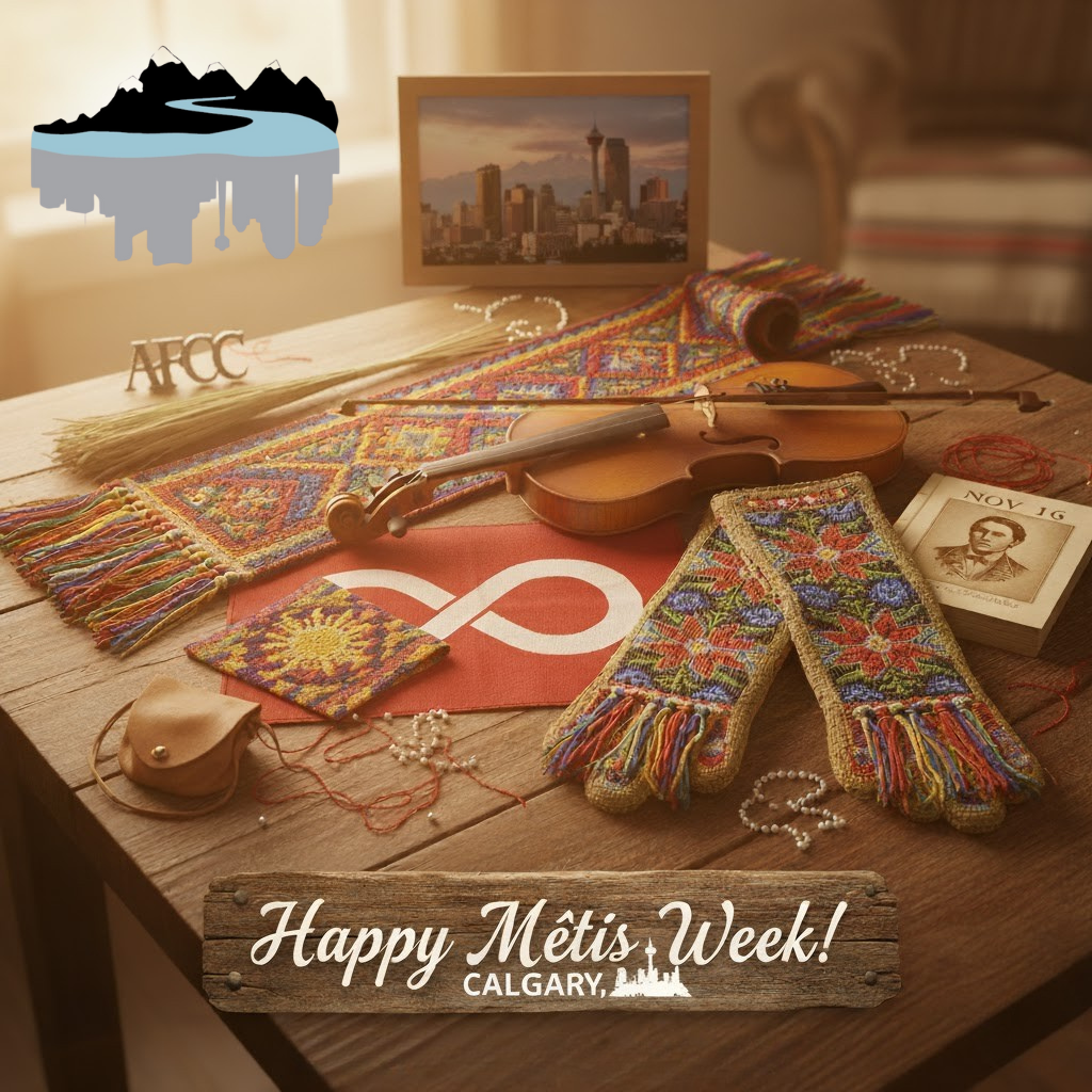 A table display celebrating Métis Week, featuring a fiddle, beaded mittens, a sash, and a portrait of Louis Riel.