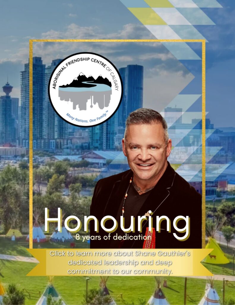Graphic celebrating 8 years of dedication by Shane Gauthier, CEO of the Aboriginal Friendship Centre of Calgary.