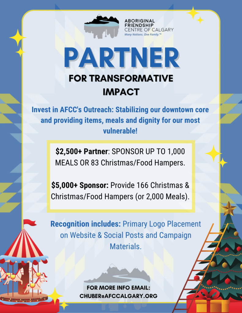 Poster for the AFCC's "Partner for Transformative Impact" campaign, detailing corporate sponsorship tiers for Christmas and food hampers.