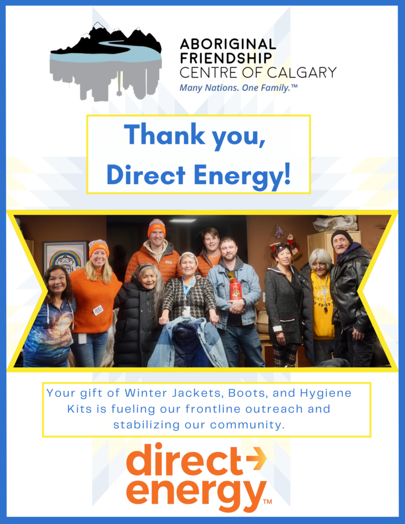 Poster thanking Direct Energy for their major donation of Winter Jackets, Boots, and Hygiene Kits to the AFCC Outreach Team.