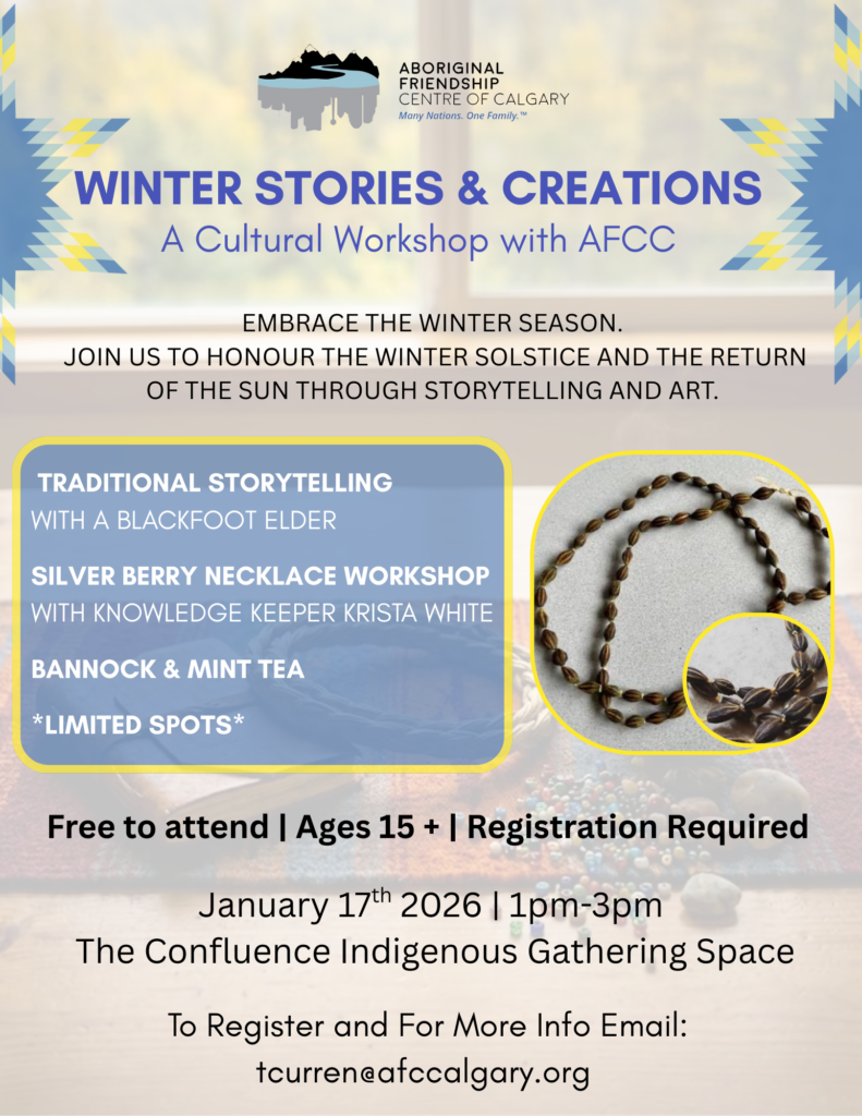 Flyer for the AFCC Winter Stories & Creations workshop on January 17, 2026. Features text about storytelling and silver berry necklace making, with an image of a beaded necklace.