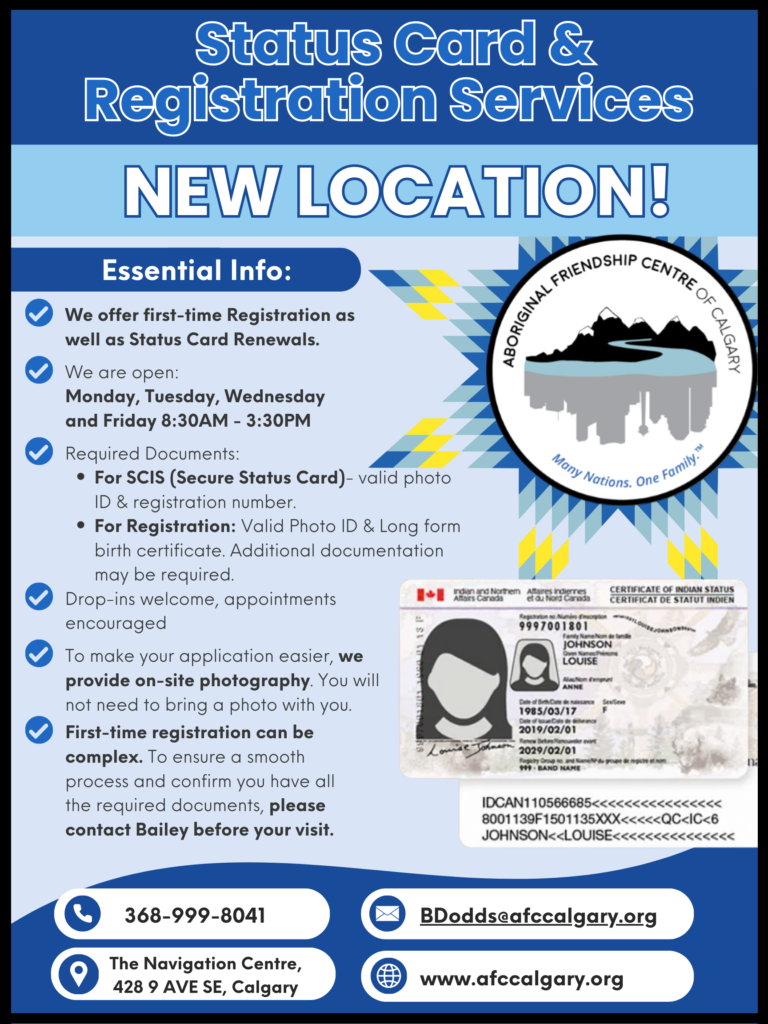 A poster for AFCC Status Card & Registration Services featuring a sample status card. The poster announces the new location at The Navigation Centre (428 9 Ave SE) and lists hours: Mon, Tue, Wed, Fri 8:30 AM - 3:30 PM.