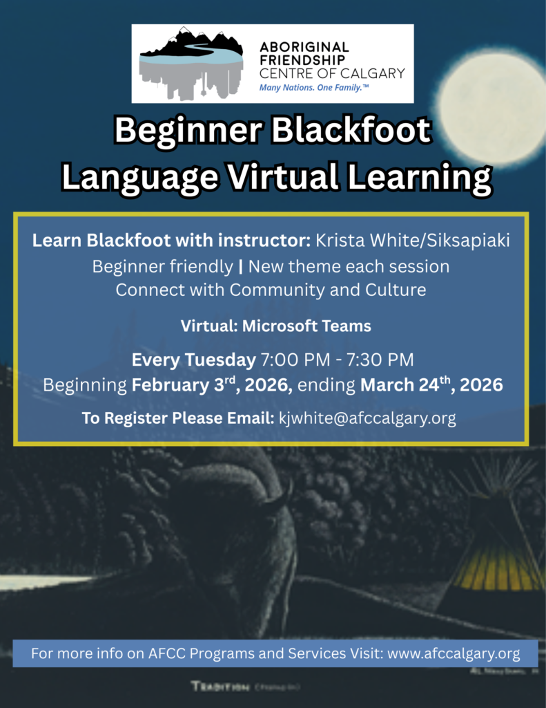 Poster for AFCC Beginner Blackfoot Language Virtual Learning Winter 2026
