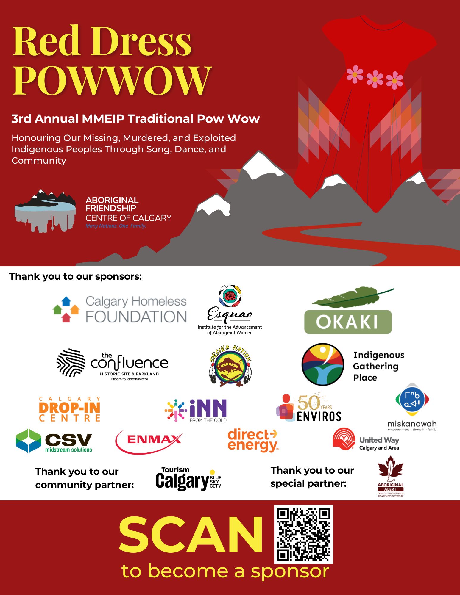 A promotional graphic for the 2026 Red Dress Powwow thanking the current event sponsors. Sponsor logos include the Indigenous Gathering Place, Calgary Homeless Foundation, Esquao Institute for the Advancement of Aboriginal Women, OKAKI, Calgary Drop-In Centre, United Way Calgary and Area, and ENMAX. A QR code at the bottom reads: Scan me to become a sponsor.