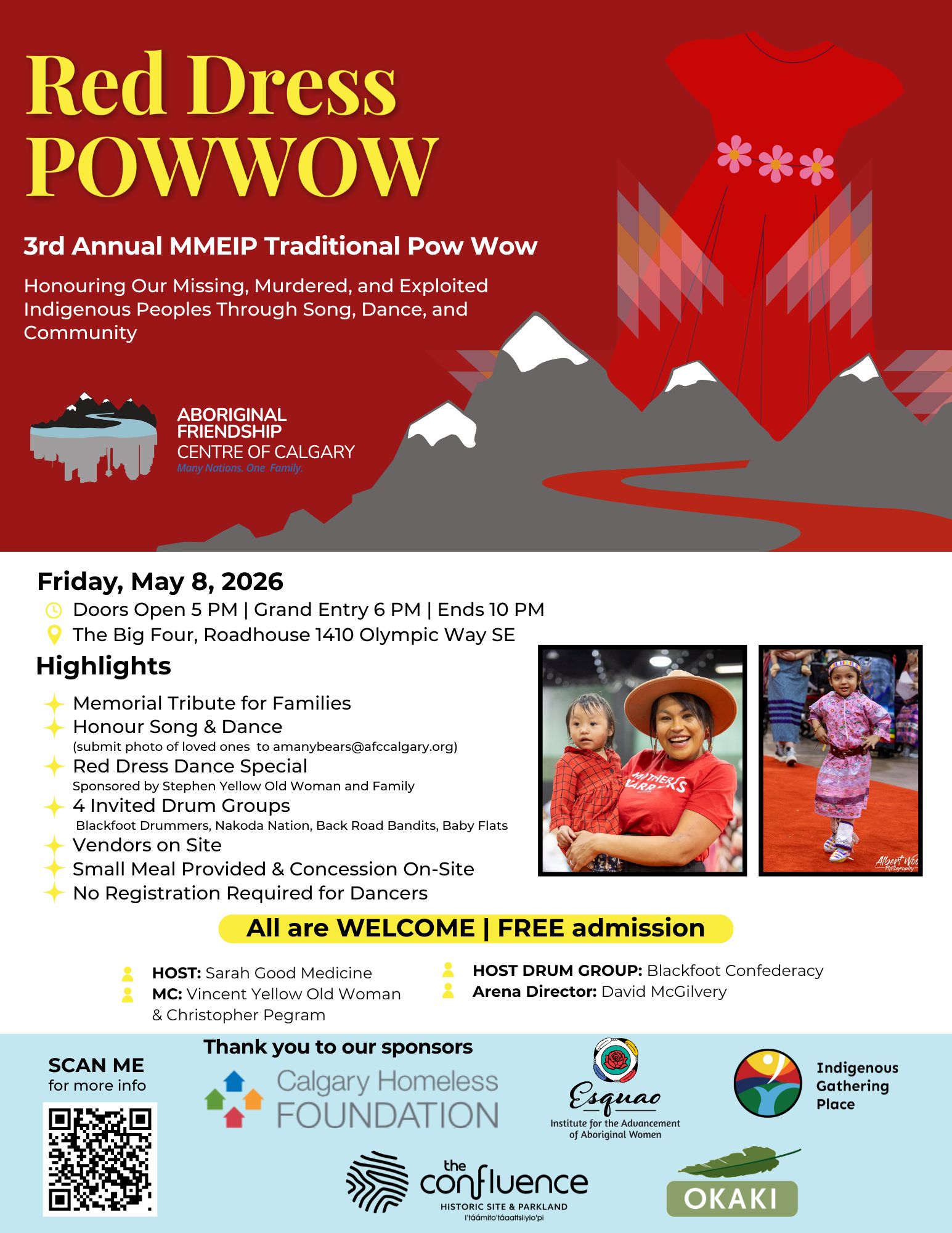 An illustrated poster for the 3rd Annual Red Dress Powwow, featuring an Indigenous woman dancing in a red jingle dress. Text reads: A gathering for our MMIWG2S+ hosted by the Aboriginal Friendship Centre of Calgary on Saturday, May 23, 2026, at the Saddledome. Doors open at 10 AM, Grand Entry at 12 PM. Free entry.