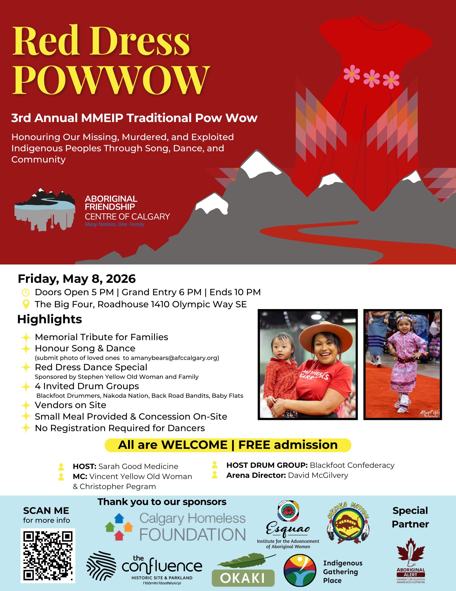 An illustrated poster for the 3rd Annual Red Dress Powwow, featuring an Indigenous woman dancing in a red jingle dress. Text reads: A gathering for our MMIWG2S+ hosted by the Aboriginal Friendship Centre of Calgary on Saturday, May 23, 2026, at the Saddledome. Doors open at 10 AM, Grand Entry at 12 PM. Free entry.
