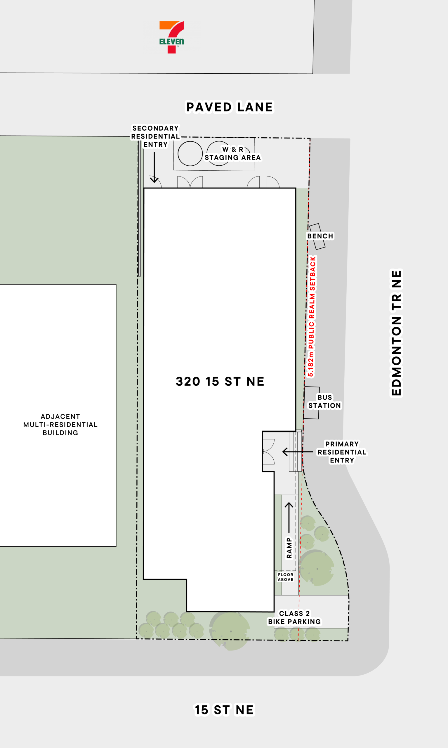 Illustrated site plan showing building footprint, entries, and site layout